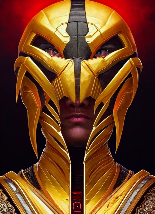 Image similar to symmetry!! portrait of scorpian, mortal kombat, global illumination!! intricate, elegant, highly detailed, digital painting, artstation, concept art, smooth, sharp focus, illustration, art by artgerm and greg rutkowski and alphonse mucha