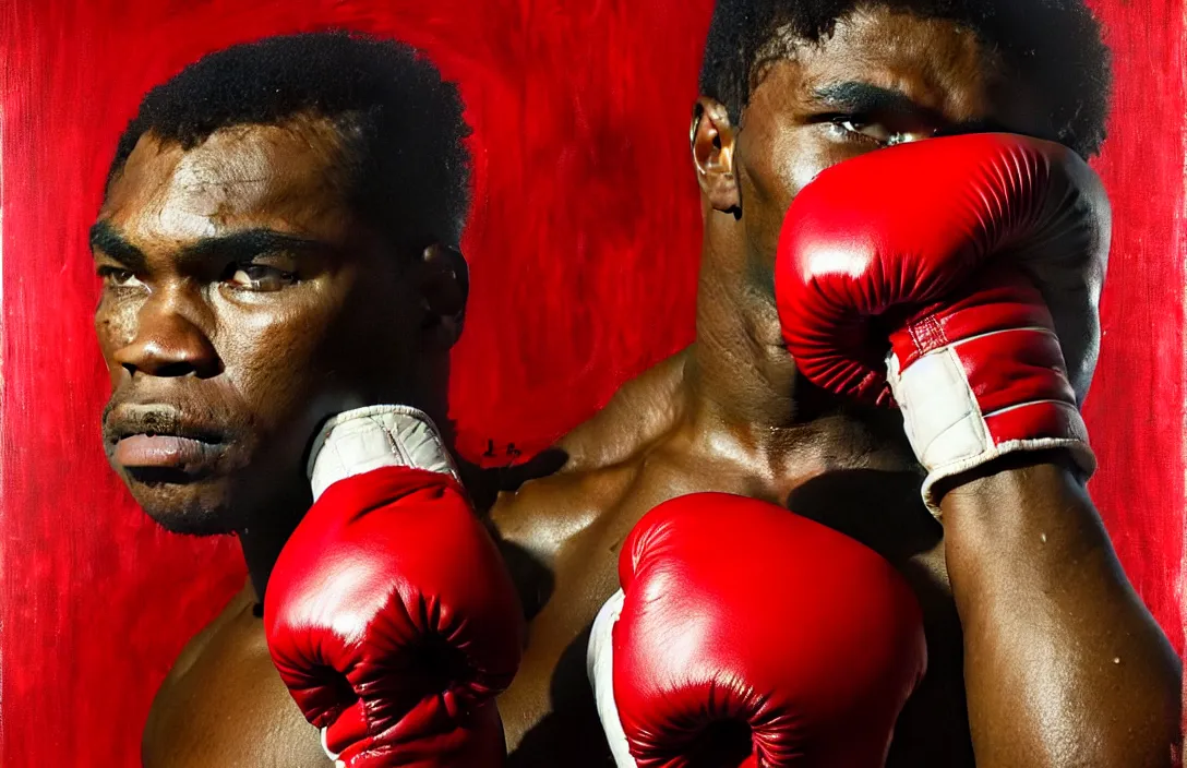 Image similar to an african american boxer with red boxing gloves!!!!!!!!!!!!!!!!!!!!!!!!!!!, detailed face, detailed painting, epic lighting, by ilya repin, phil hale and kent williams