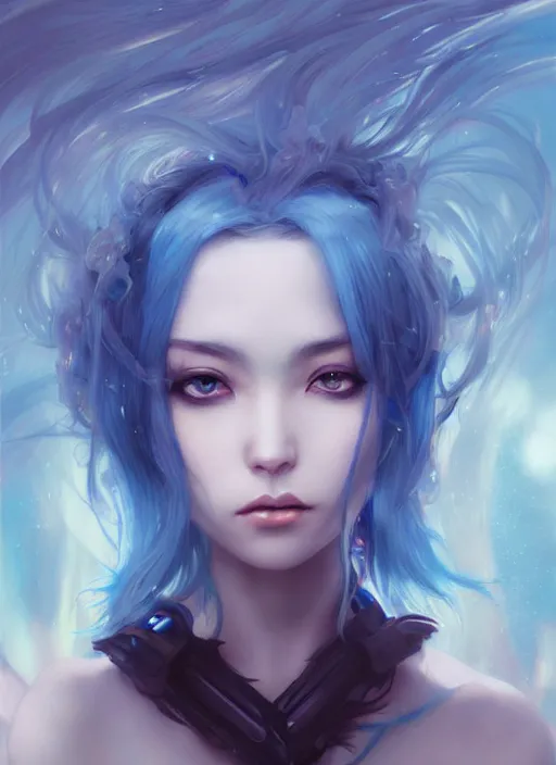 Image similar to stunningly beautiful female blue hair, dj sura face, fantasy art, dark light night, sharp focus, digital painting, 8 k, concept art, art by wlop, artgerm, greg rutkowski and alphonse mucha