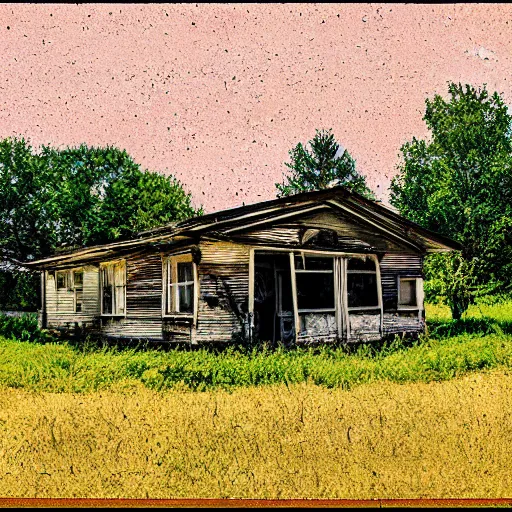 Prompt: old 6 0 s house in decay in the middle of a field, realistic pixel sorting