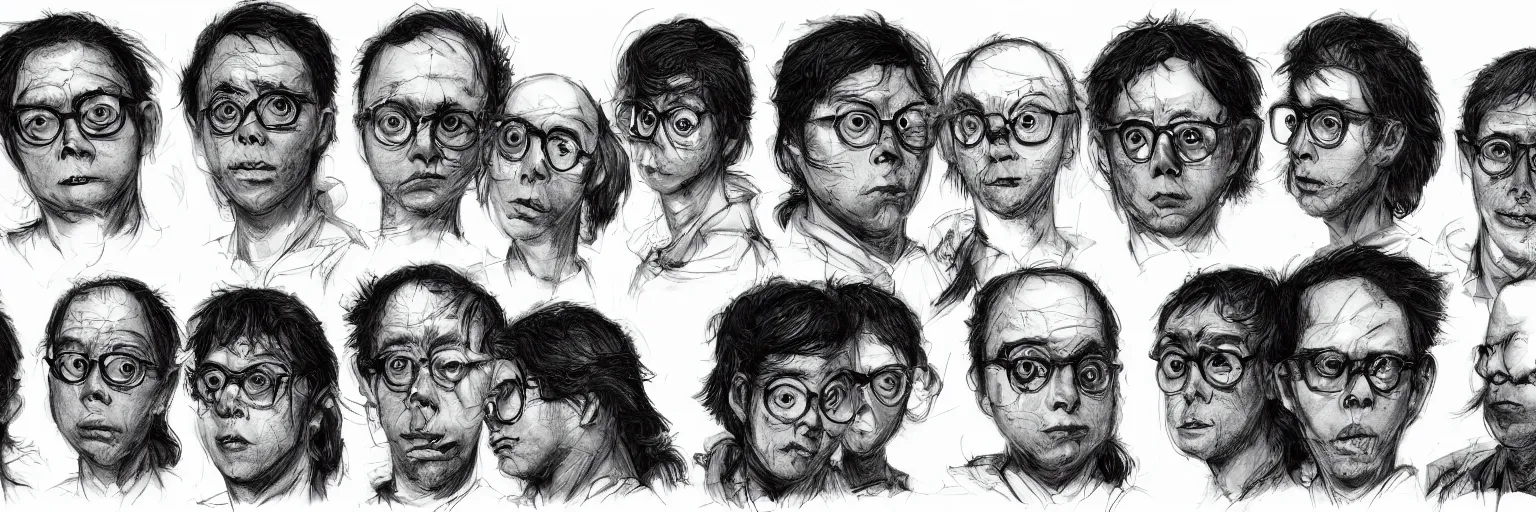Prompt: character faces, realistic todd solondz tripping on lsd, clear todd solondz face, glasses, disturbed, character sheet, fine details, concept design, contrast, kim jung gi, greg rutkowski and da vinci, 8 k, emotional, face turnaround 3 6 0, front view, back view, side view, ultra wide angle