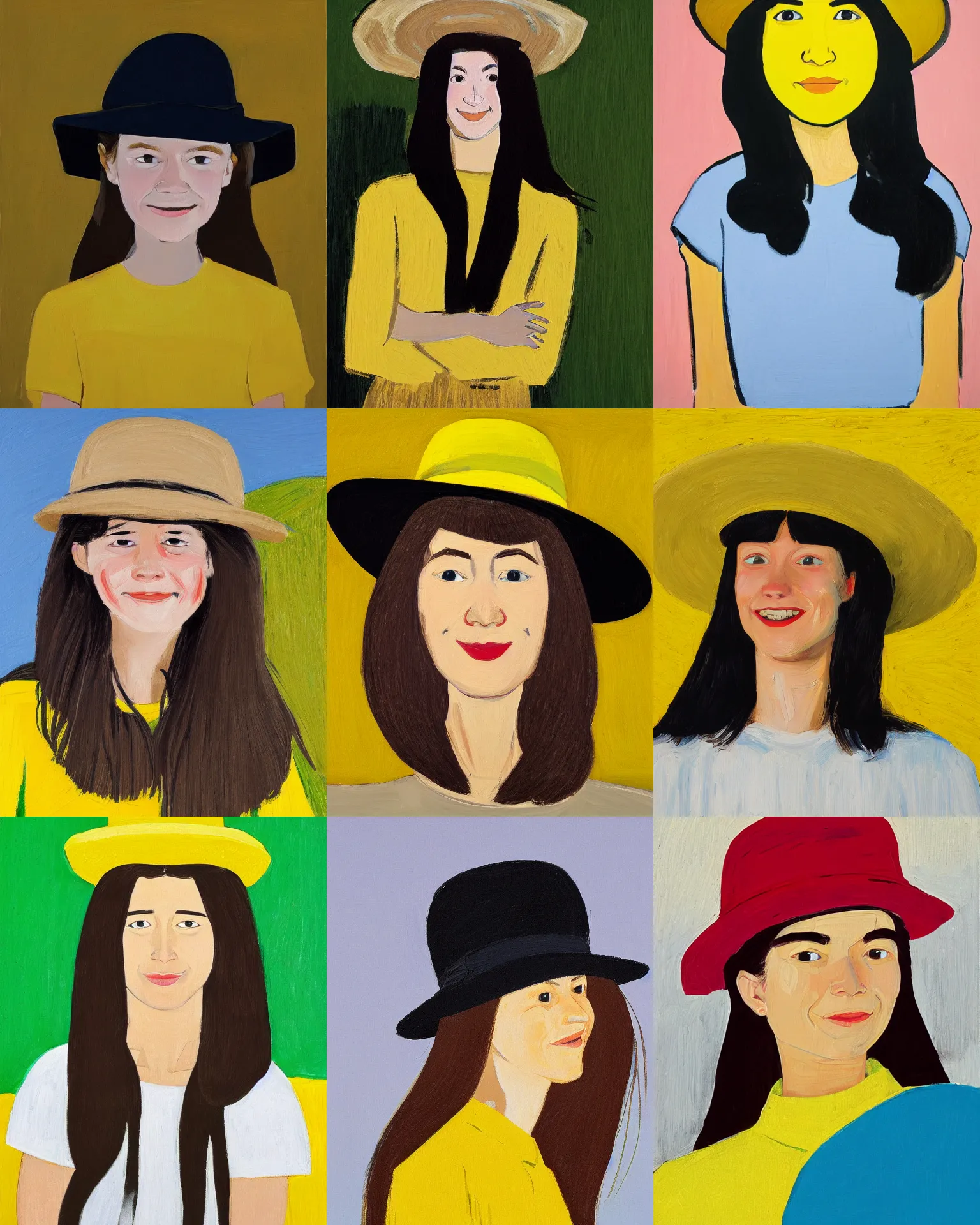 Prompt: portrait of a smiling girl with hat, long hair and ed shirt, yellow background, colorful, by alex katz, close up