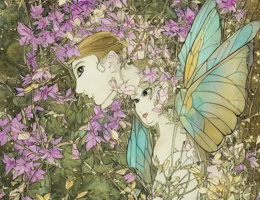 Prompt: faerie hawkmoth in the garden of the palace. this watercolor and gold leaf work by the award - winning mangaka has a beautiful composition and intricate details.