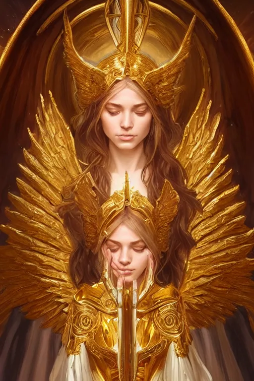 Image similar to portrait of a young beautiful Saint Celestine, intricate golden armor with angel wings, Warhammer-inspired, fantasy, intricate, beautiful eyes, realistic, cinematic lighting, highly detailed, digital painting, Artstation, concept art, smooth, sharp focus, illustration, art by Artgerm and Greg Rutkowski and Alphonse Mucha