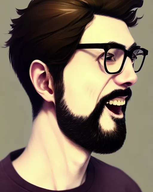 Prompt: a man, short hair, light brown hair, wisps of gray hair, undercut, beard, glasses, bushy eyebrows, wide neck, smiling, salt and pepper hair, portrait shinkai makoto key hideaki anno sakimichan stanley artgerm lau rossdraws james jean marc simonetti elegant highly detailed digital painting artstation pixiv