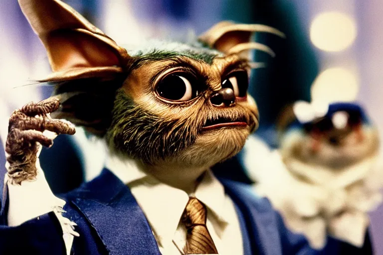 Prompt: a portrait photograph of gizmo from the movie gremlins wearing a blue wedding suit and looking proud, portrait taken by annie leibovitz,