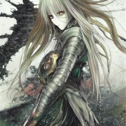 Image similar to yoshitaka amano style blurred and dreamy illustration, renaissance oil portrait, realistic anime girl with long wavy white hair fluttering in the wind and black eyes wearing elden ring style armor with engraving, highly detailed, ruins in the background, strange camera angle, three - quarter view, noisy film grain effect