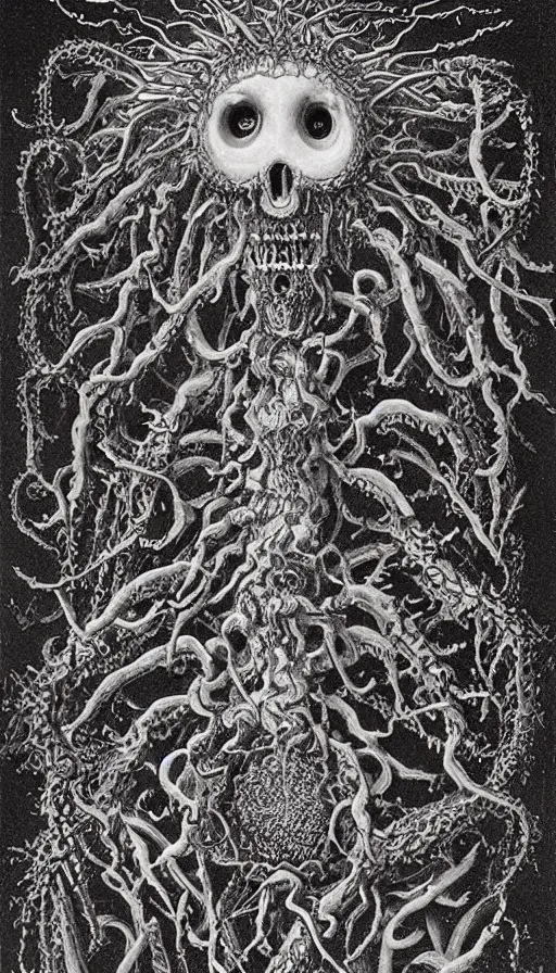 Prompt: a storm vortex made of many demonic eyes and teeth, by ernst haeckel