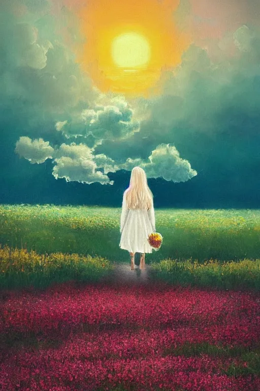 Image similar to giant white flower head, girl walking in a flower field, surreal photography, sunrise, dramatic light, impressionist painting, colorful clouds, digital painting, artstation, simon stalenhag