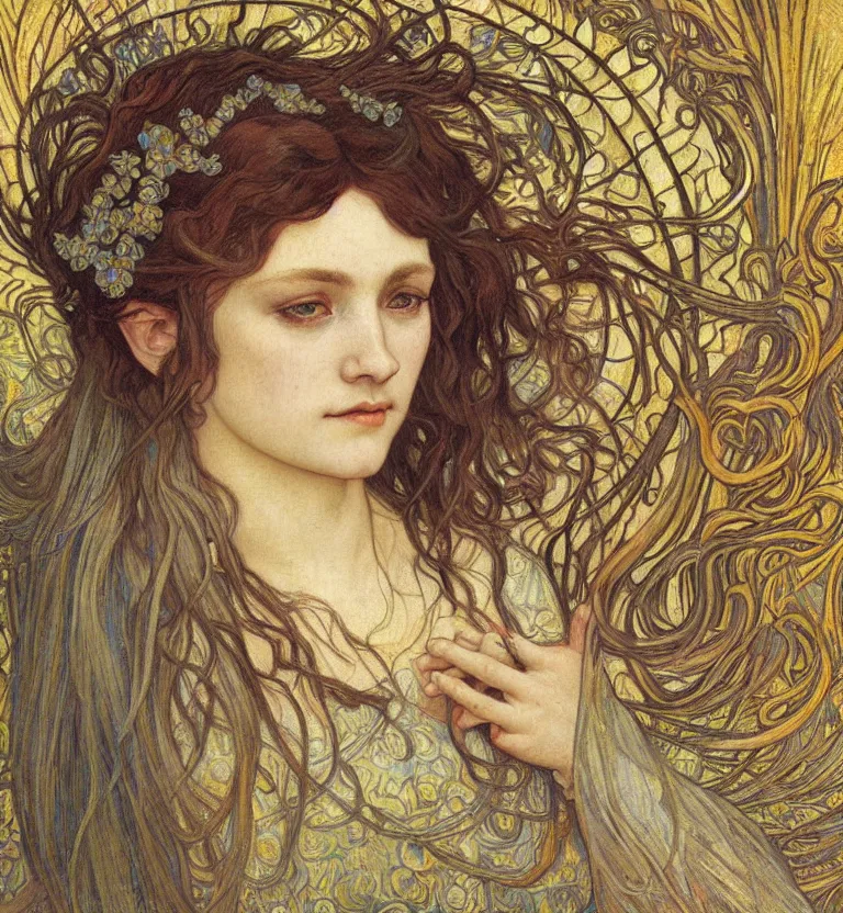 Image similar to detailed realistic beautiful young medieval queen face portrait by jean delville, alphonse mucha, vincent van gogh, and marco mazzoni, art nouveau, symbolist, visionary, gothic, pre - raphaelite
