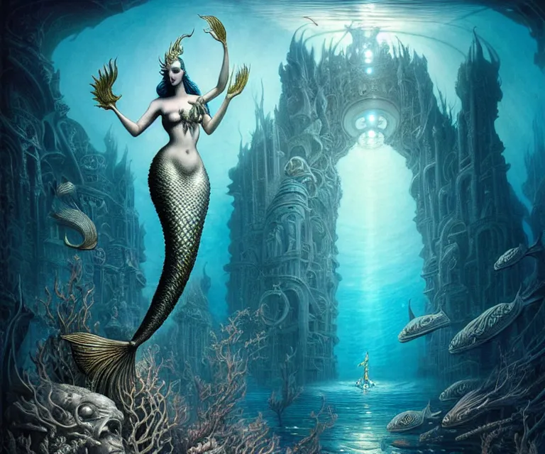 Image similar to a graceful beautiful mermaid looking at the sunken city of Atlantis deep under water, stunning undersea intricate detailed grand architecture in the style of Joe Fenton, art style by Greg Rutkowski and Mohrbacher and Gerald Brom and H. R. Giger, deep underwater scene, dark and moody, rays of sunlight, faint volumetric god rays, grim crushing atmosphere, trending on artstation, masterpiece, claustrophobic, dizzy, sharp focus, 8k octane beautifully detailed render, post-processing, extremely hyperdetailed, intricate, epic composition, grim yet sparkling atmosphere, cinematic lighting + masterpiece, trending on artstation, very detailed, Art Nouveau