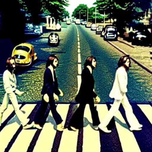 Image similar to The Beatles running across Abbey Road, 1969