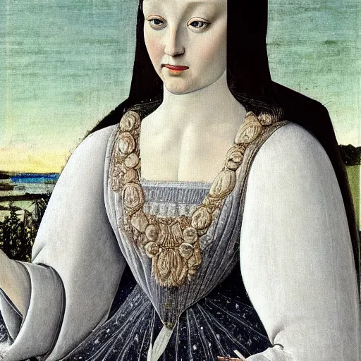 Image similar to portrait of a white with white fur as an italian queen, painting by botticelli, 1 4 8 0 s