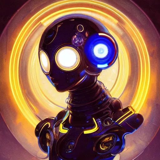 Image similar to symmetrical portrait of a robot with big eyes, grinning, sci - fi, tech wear, blue and yellow glowing lights, intricate, elegant, highly detailed, digital painting, artstation, smooth, sharp focus, illustration, art by artgerm and greg rutkowski and alphonse mucha