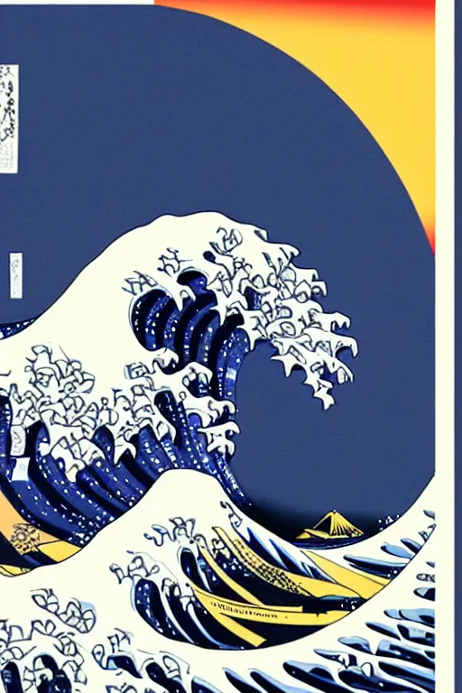 Image similar to Patrick Nagel Poster Illustration of The Great Wave off Kanagawa, sunset in the background