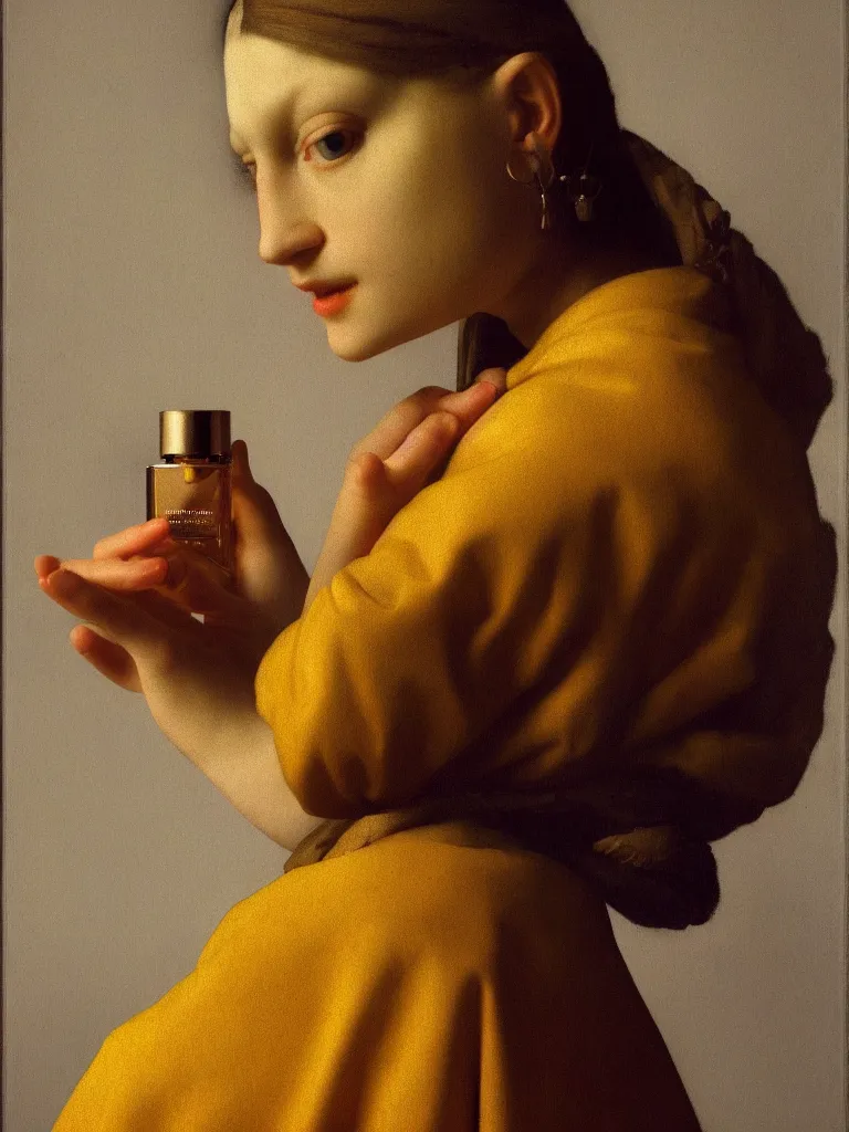 Image similar to portrait fragrance packshot by vermeer, highly detailed, saturated colors, fashion