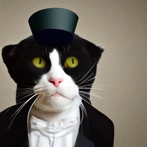 Prompt: man with the head of a tuxedo cat, wearing a party hat