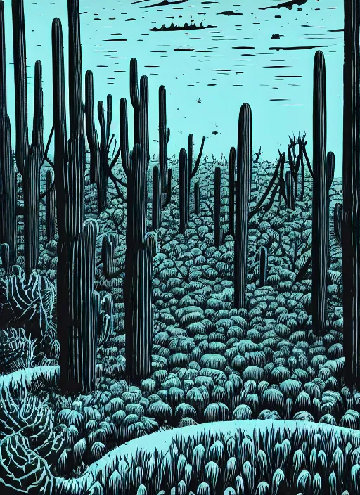 Prompt: art by brian reedy, a beautiful black ink linocut print of a cactus forest midwest, high plains, 8 k, frostbite 3 engine, cryengine, ground level shot, dof, trending on artstation, digital art, crepuscular ray