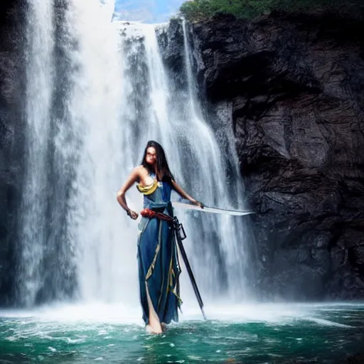 Prompt: beautiful girl with a sword stands under a waterfall