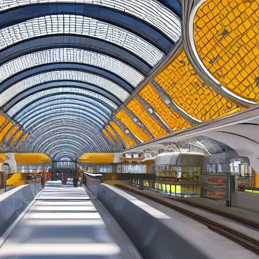 Image similar to elaborate and beautiful train station hall filled with travelers, designed by zaha hadid, bold colored walls, tall ceilings, large windows, lots of bold colors, unique architecture, sunbeams unreal engine 5 render, keyshot render, octane render, ultra high detail, ultra realistic, 8k