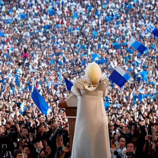 Image similar to Lady Gaga as president, Argentina presidential rally, Argentine flags behind, bokeh, giving a speech, detailed face, Argentina