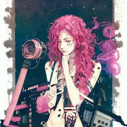 Image similar to portrait of a grungy cyberpunk anime in magic pose, very cute, by super ss, cyberpunk fashion, curly pink hair, night sky by wlop, james jean, victo ngai, muted colors, highly detailed