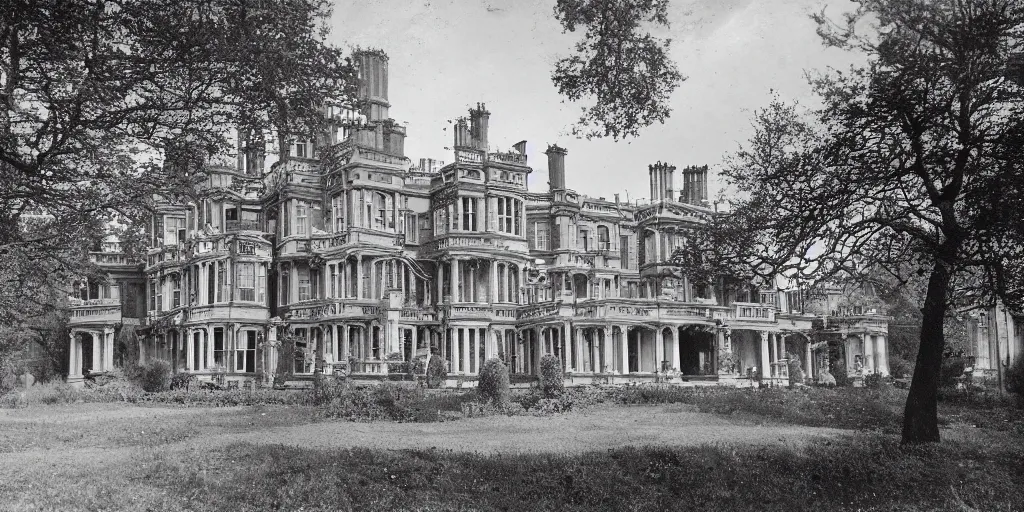 Prompt: a photograph of a late Victorian mansion designed by Joseph Paxton, view from ground level