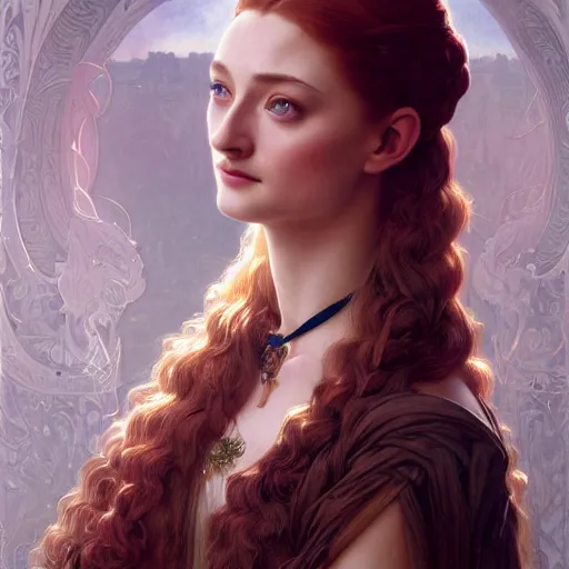 Image similar to portrait of sansa stark, intricate, elegant, highly detailed, digital painting, artstation, concept art, smooth, sharp focus, illustration, art by artgerm and greg rutkowski and alphonse mucha and william - adolphe bouguereau