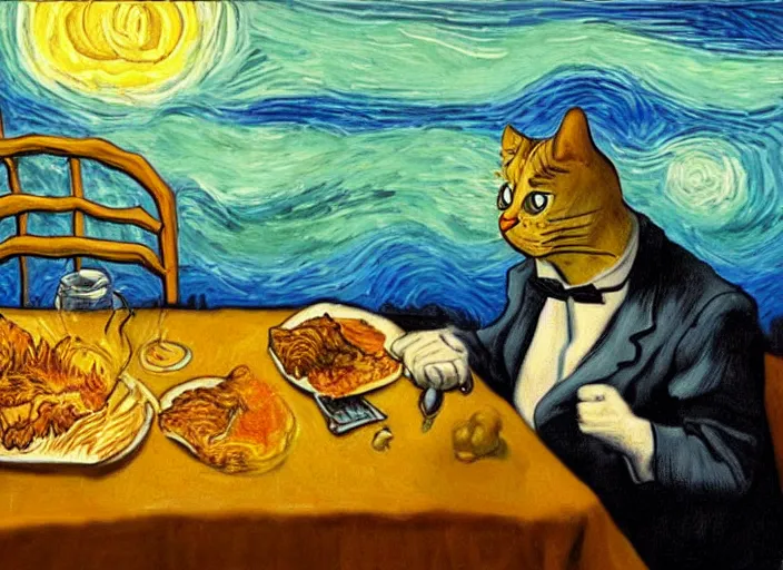 Prompt: detailed realistic surrealist painting of garfield eating lasagna at dusk, in the style of vincent van gogh and salvador dali and leonardo da vinci