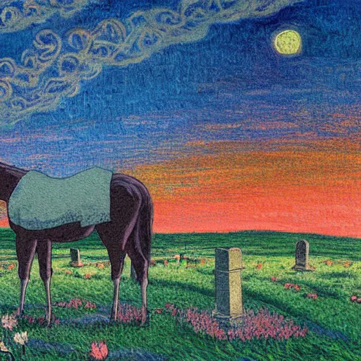 Image similar to sad ominous painting of a horse in a cemetery at dusk, in the style of studio ghibli and moebius and claude monet and vincent van gogh