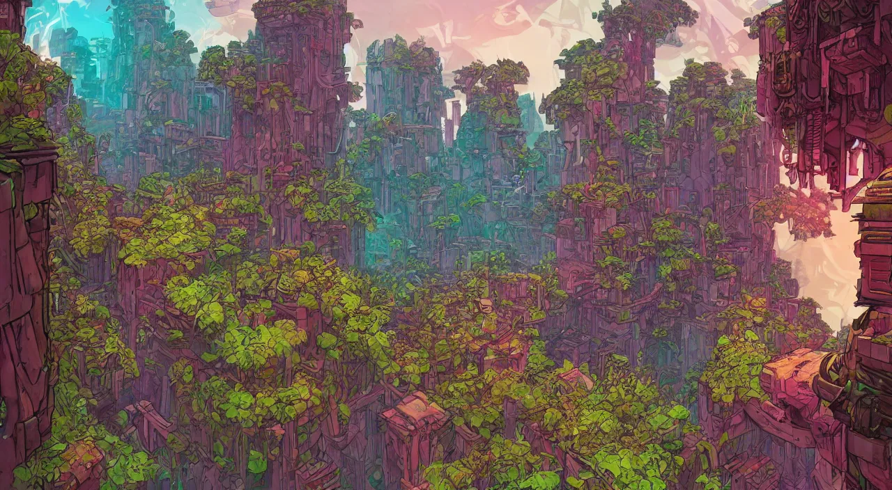 Image similar to open door wood wall fortress greeble block amazon jungle on portal unknow world ambiant fornite colorful that looks like it is from borderlands and by feng zhu and loish and laurie greasley, victo ngai, andreas rocha, john harris