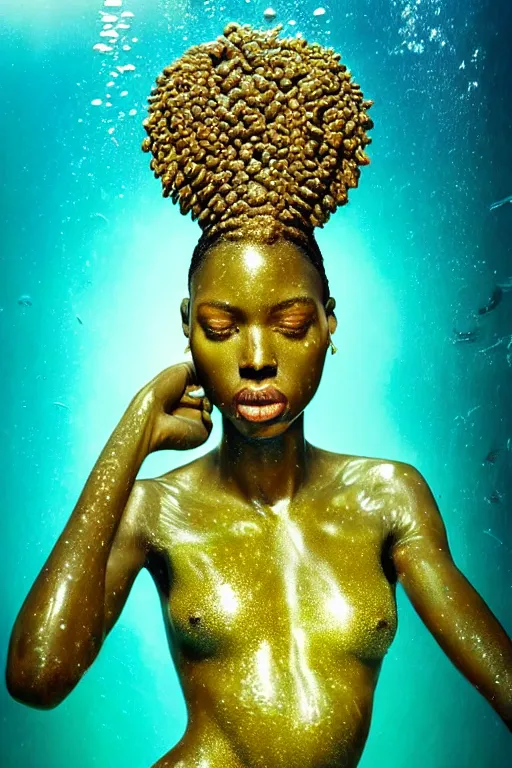 Image similar to hyperrealistic cinematic very expressive! translucent!! african goddess, full body, underwater scene with fish and algae, gold jewerly, highly detailed face, digital art masterpiece, eric zener cam de leon, dramatic pearlescent turquoise light on one side, long shot, low angle uhd 8 k, shallow depth of field