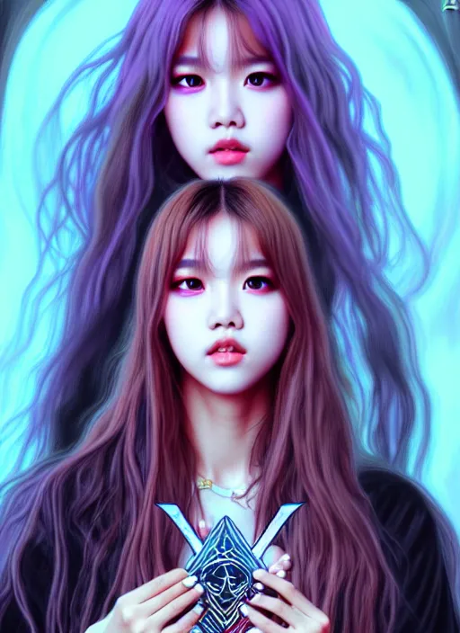 Image similar to lalisa manoban of blackpink, grim reaper costume, tarot card, highly detailed, digital painting, smooth, sharp focus, illustration, ultra realistic, 8 k, art by artgerm and alphonse mucha