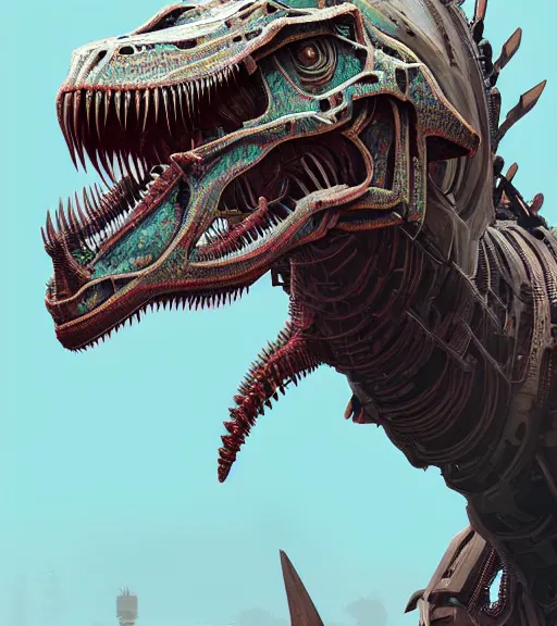 Image similar to symmetry!! portrait of a hybrid robot dinosaur, floral! horizon zero dawn machine, intricate, elegant, highly detailed, ray tracing, digital painting, artstation, concept art, smooth, sharp focus, illustration, art by artgerm and greg rutkowski and alphonse mucha, 8 k