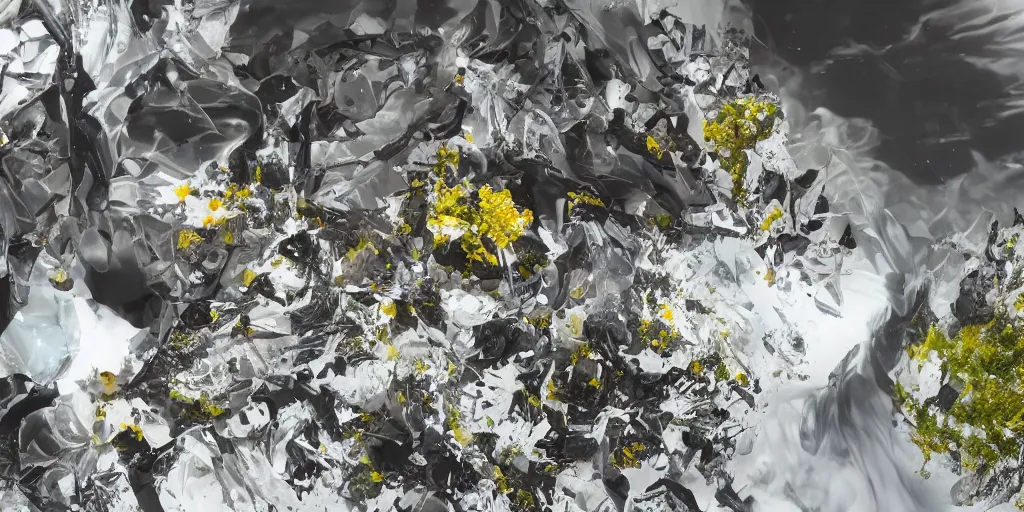 Image similar to abstract composition representing a panther created by a mixture of pistachio ice cream, black marble, dandelions and coca cola being thrown around by centrifugal forces, brilliant museum sculpture, award winning photo, 4k