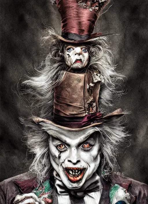 Image similar to portrait, Zombified mad hatter eating the white rabbit, watercolor, dramatic lighting, cinematic, establishing shot, extremly high detail, foto realistic, cinematic lighting, pen and ink, intricate line drawings, by Yoshitaka Amano, Ruan Jia, Kentaro Miura, Artgerm, post processed, concept art, artstation, matte painting, style by eddie mendoza, raphael lacoste, alex ross