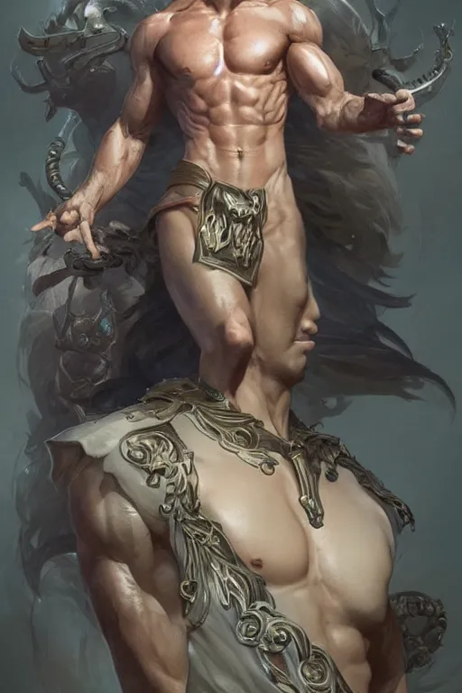 Prompt: Handsome man, muscular upper body, D&D, fantasy, intricate, elegant, highly detailed, digital painting, artstation, concept art, smooth, sharp focus, illustration, art by artgerm and greg rutkowski and alphonse mucha