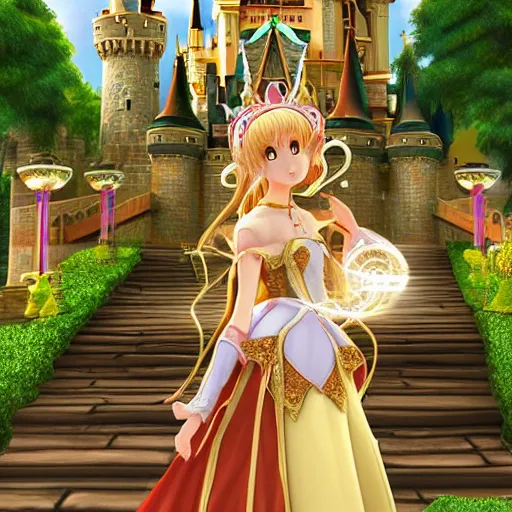 Image similar to a pleasant, beautiful, funny, smooth 3D CG render, semirealistic anime style, a noble priestess magician princess girl wearing dress and jewelry, in a glorious magic kingdom with castle and walls, relaxing calm vibes, fairytale