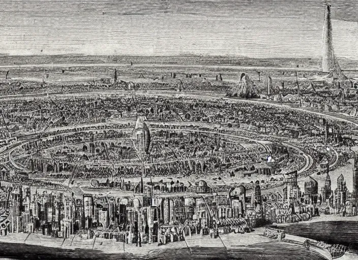 Prompt: detail from Hollar’s Panoramic view of a futuristic domed city, 1647