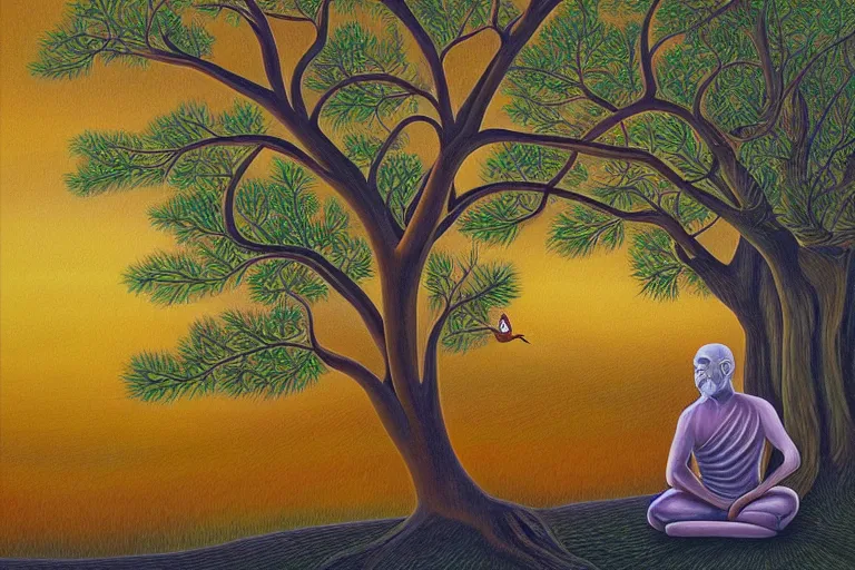 Image similar to painting of a peaceful man meditating under a tree by alex grey, acrylic art, calm, soothing, cosy, elegant, soft light,