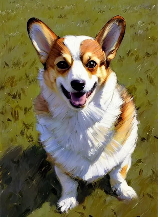 Prompt: Greg Manchess painting of a Corgi wearing Forerunner Armor from Halo, countryside, calm, fantasy character portrait, dynamic pose, above view, sunny day, artwork by Jeremy Lipkin and Giuseppe Dangelico Pino and Michael Garmash and Rob Rey, very coherent asymmetrical artwork, sharp edges, perfect face, simple form, 100mm