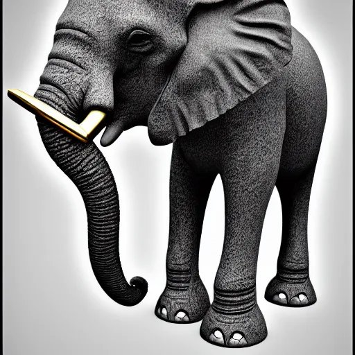 Image similar to an elephant holding a golden sword with his mouth, 1 bit render, strictly 1 bit, grey scale.