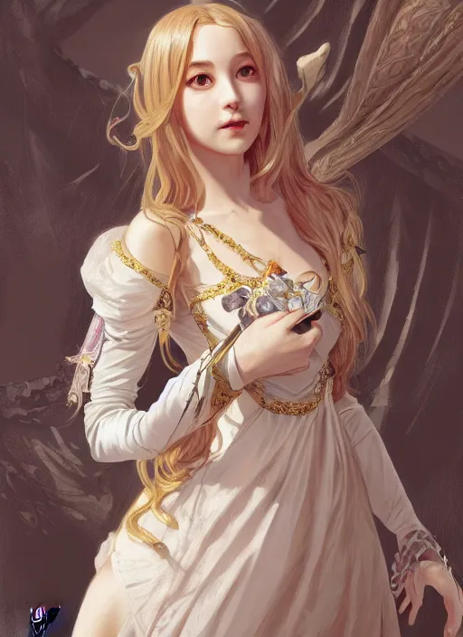 Image similar to portrait of a full body of young beautiful female princess, d & d, baroque dress, elegant, flat lighting, intricate, highly detailed, digital painting, artstation, concept art, smooth, sharp focus, illustration, misa amane, art by simon bisley and greg rutkowski and alphonse mucha, natural tpose