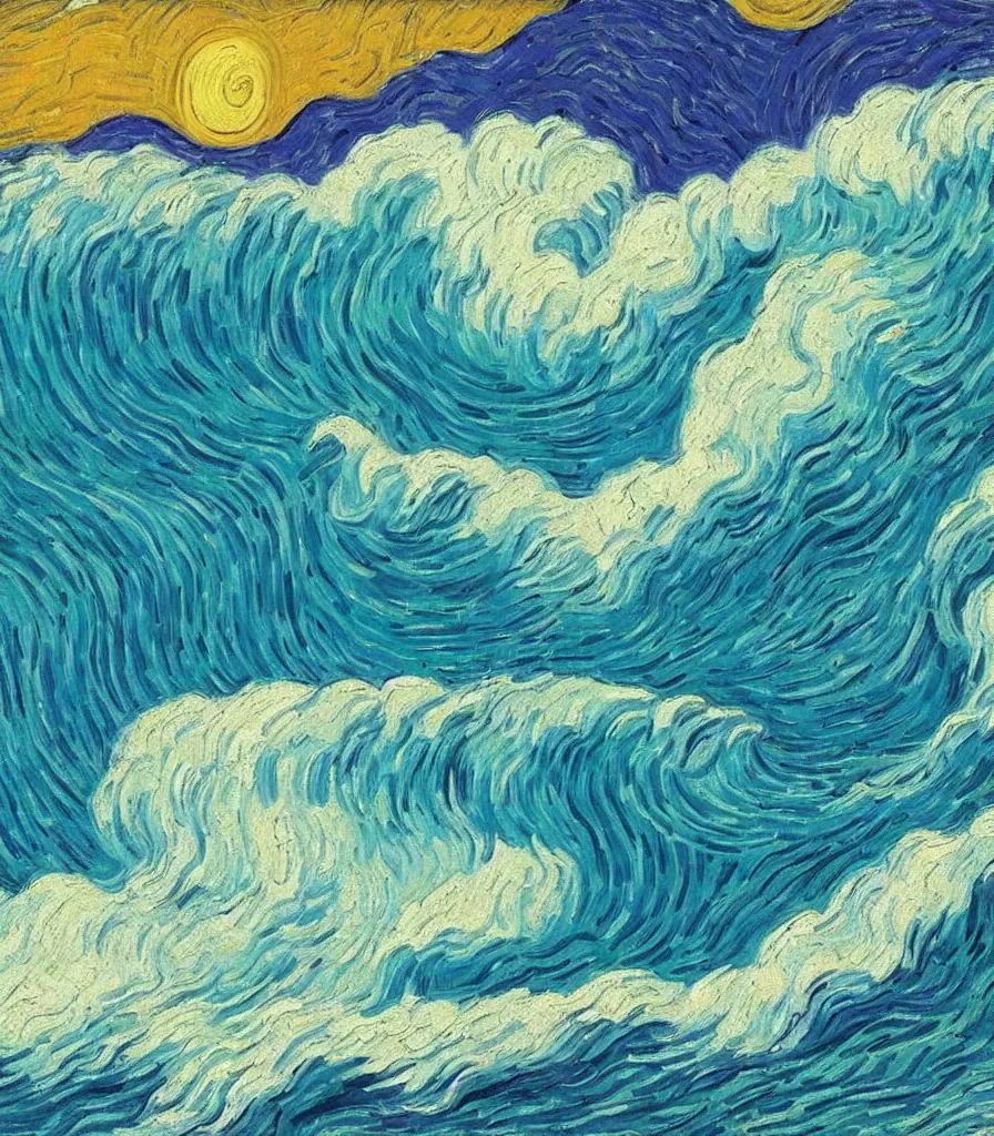 Image similar to an impasto oil painting of a barreling wave painted by vincent van gogh, traidic color scheme, blue and cyan colors, high detail, breathtaking wave, impressionism