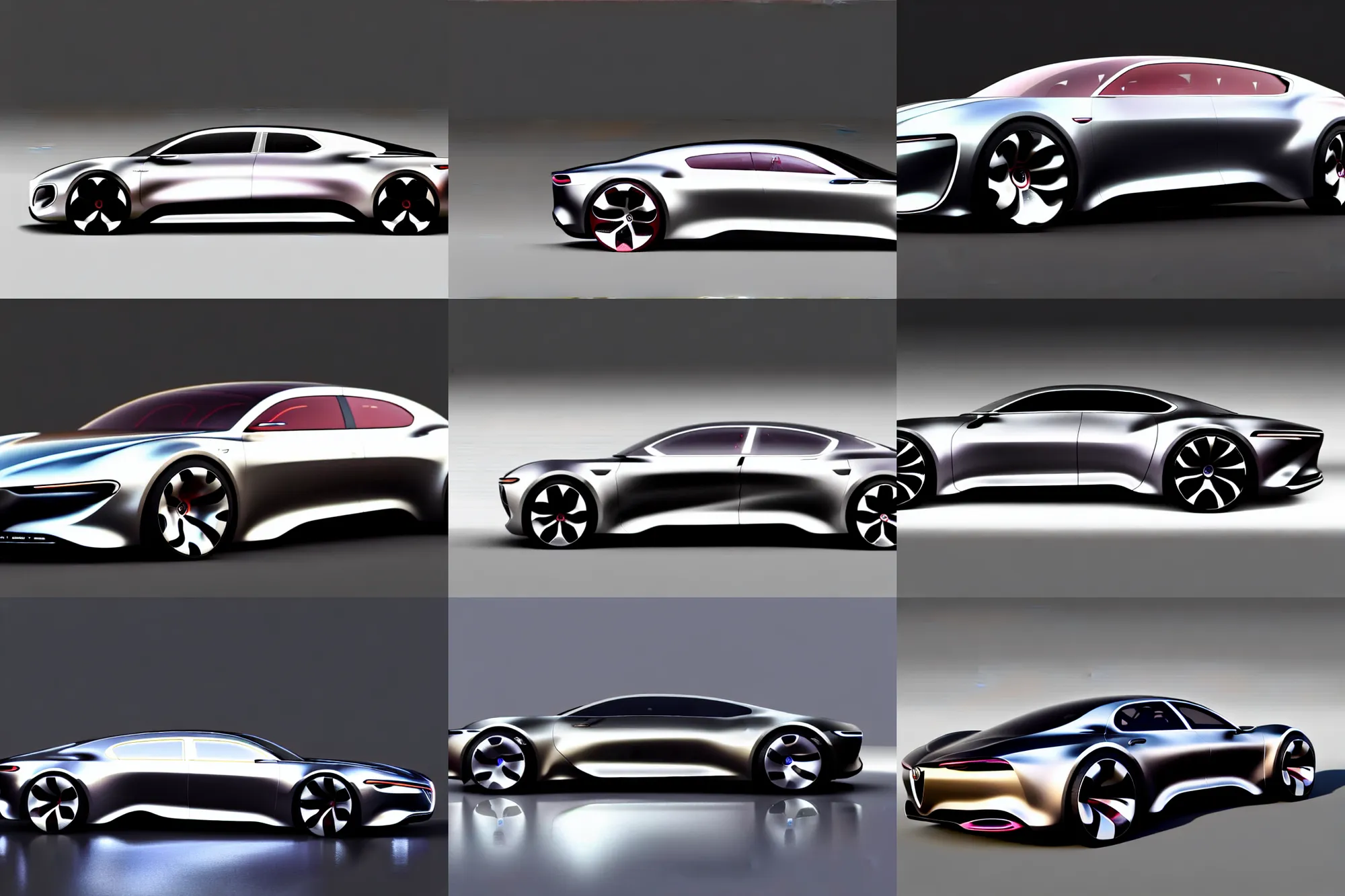 Prompt: side view photo : : of a future alfa romeo sedan car concept designed by guigaro, syd mead : : lustrous clean simple fashion : : mostly made of glass, satin silver, simple strip lights : : lucid air, peugot onyx, renault ultimo, cyberpunk, sci fi, guigaro : : artstation, octane render, car design