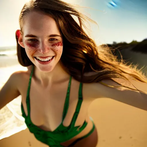 Prompt: A cute young woman, long shiny bronze brown hair, green eyes, cute freckles, smug smile, golden hour, beach setting medium shot, mid-shot, photography by Erwin Olaf