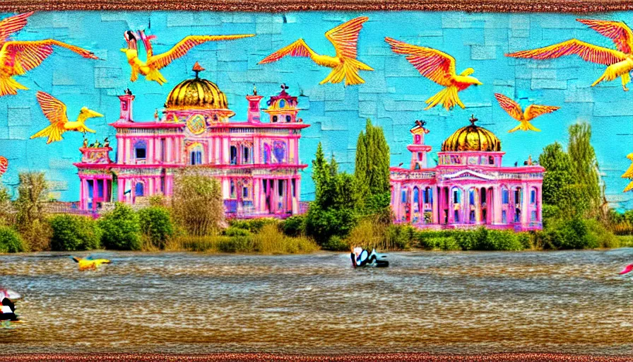 Prompt: HDR high resolution. a stand-alone building along a river, seen from the long distance. maximalist mixed media paper and baroque embroidery fabric collage. huge flamish baroque birds flying. childrenbook illustration in pastel tones. matte background. HD 8x