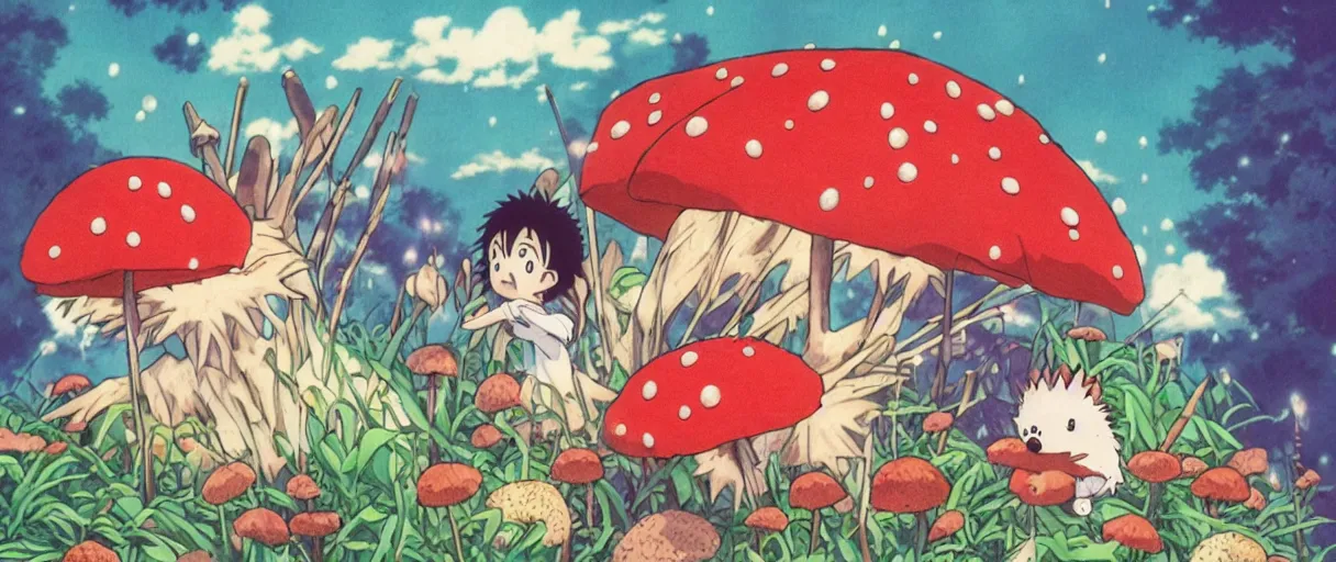 Image similar to anime by hayao miyazaki, hedgehog with purple needles hides under fly agaric from the rain