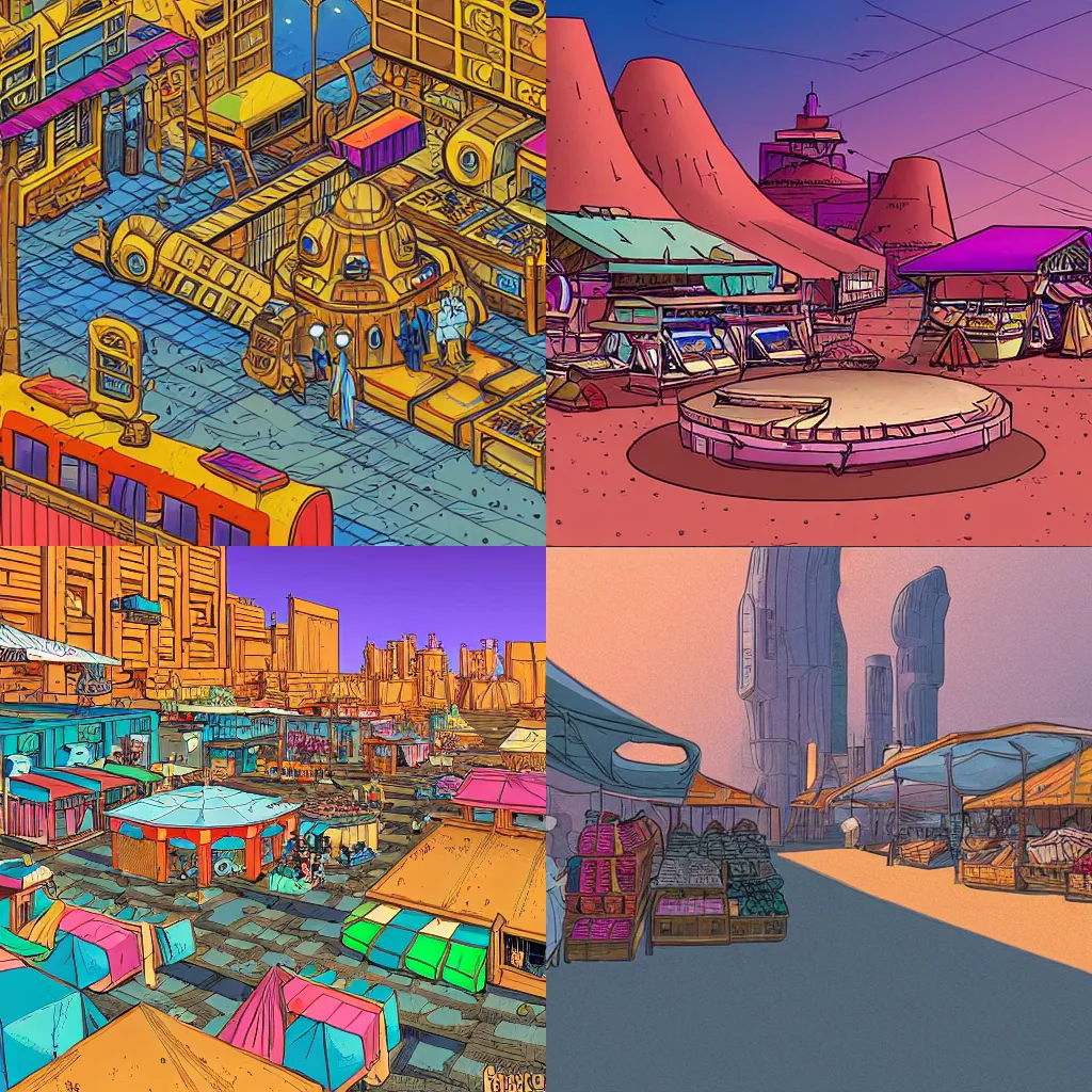 Prompt: a marketplace in an industrial desert city in the style of moebius, vibrant colours
