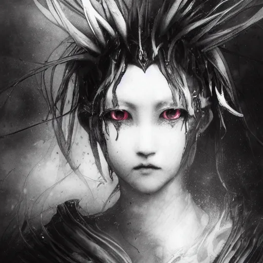 Image similar to yoshitaka amano blurred and dreamy grainy photo of an anime girl with black eyes, wavy white hair and cracks on her face near eyes wearing elden ring armour with the cape fluttering in the wind, abstract black and white patterns on the background, noisy film grain effect, highly detailed, renaissance oil painting, weird portrait angle